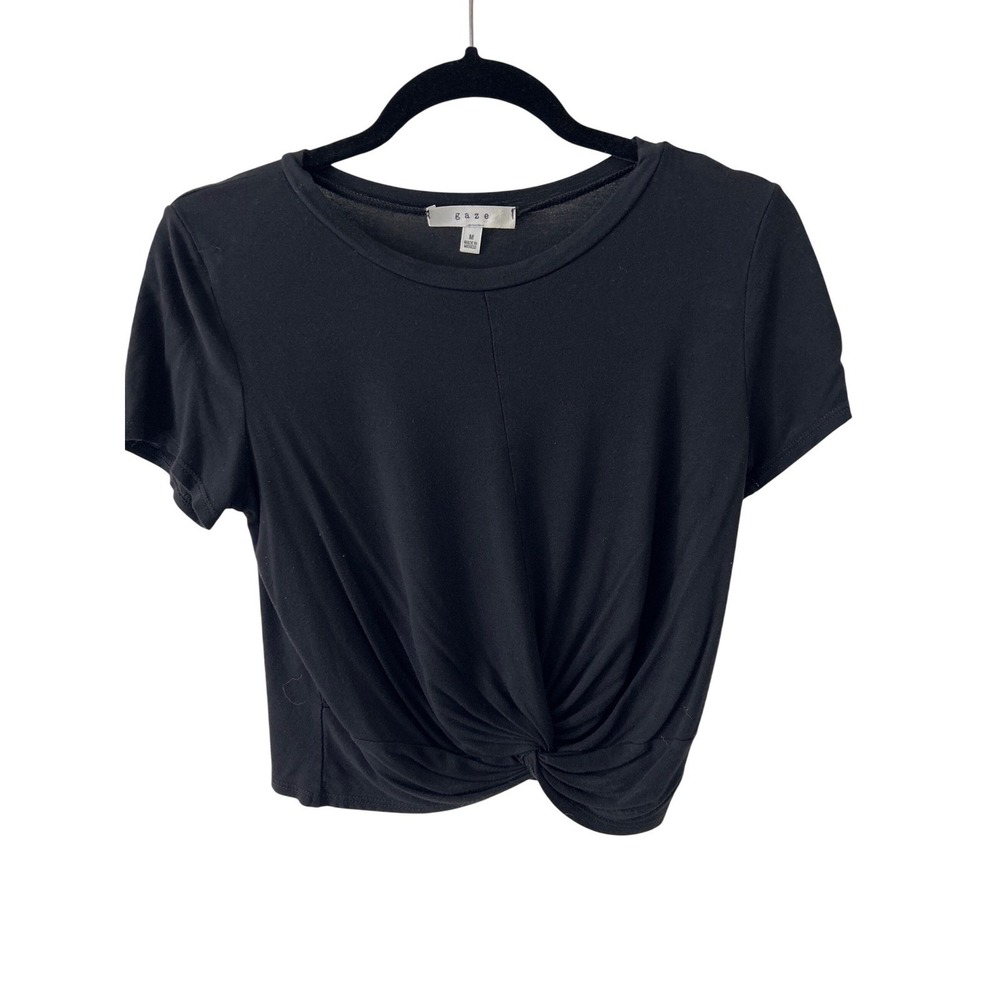 Gaze Womens Black Front Twist‎ Knot Crop Top Short Sleeve Crew Neck Size M